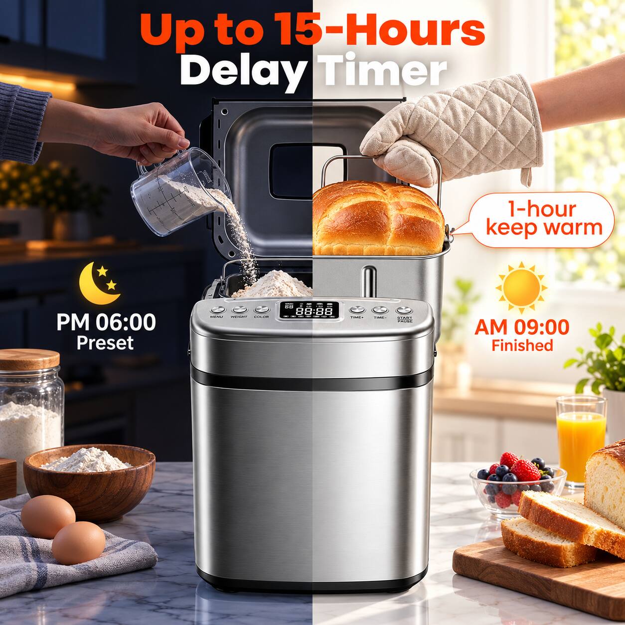 Up to 15-Hours Delay Timer

1-hour keep warm

PM 06:00 Preset

AM 09:00 Finished