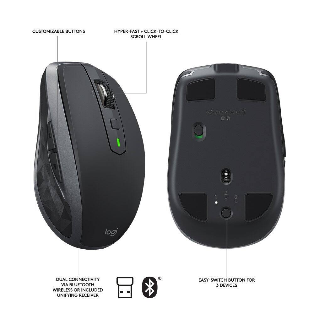 CUSTOMIZABLE BUTTONS  
HYPER-FAST CLICK-TO-CLICK SCROLL WHEEL  
MX Anywhere 2S  
DUAL CONNECTIVITY VIA BLUETOOTH WIRELESS OR INCLUDED UNIFYING RECEIVER  
EASY-SWITCH BUTTON FOR 3 DEVICES