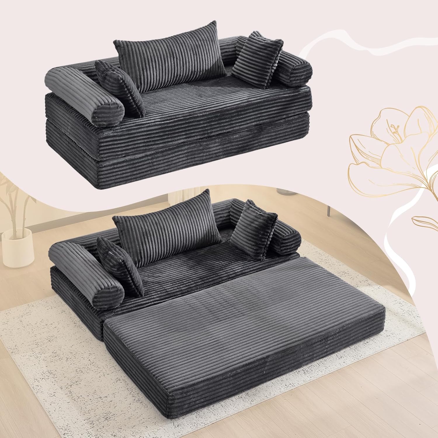 Front. Winado - Convertible Futon Sofa Bed Corduroy Couch Loveseat Sleeper Sofa, 2-in-1 Throw Pillow & Blanket Couches for Living Room - Dark Grey.