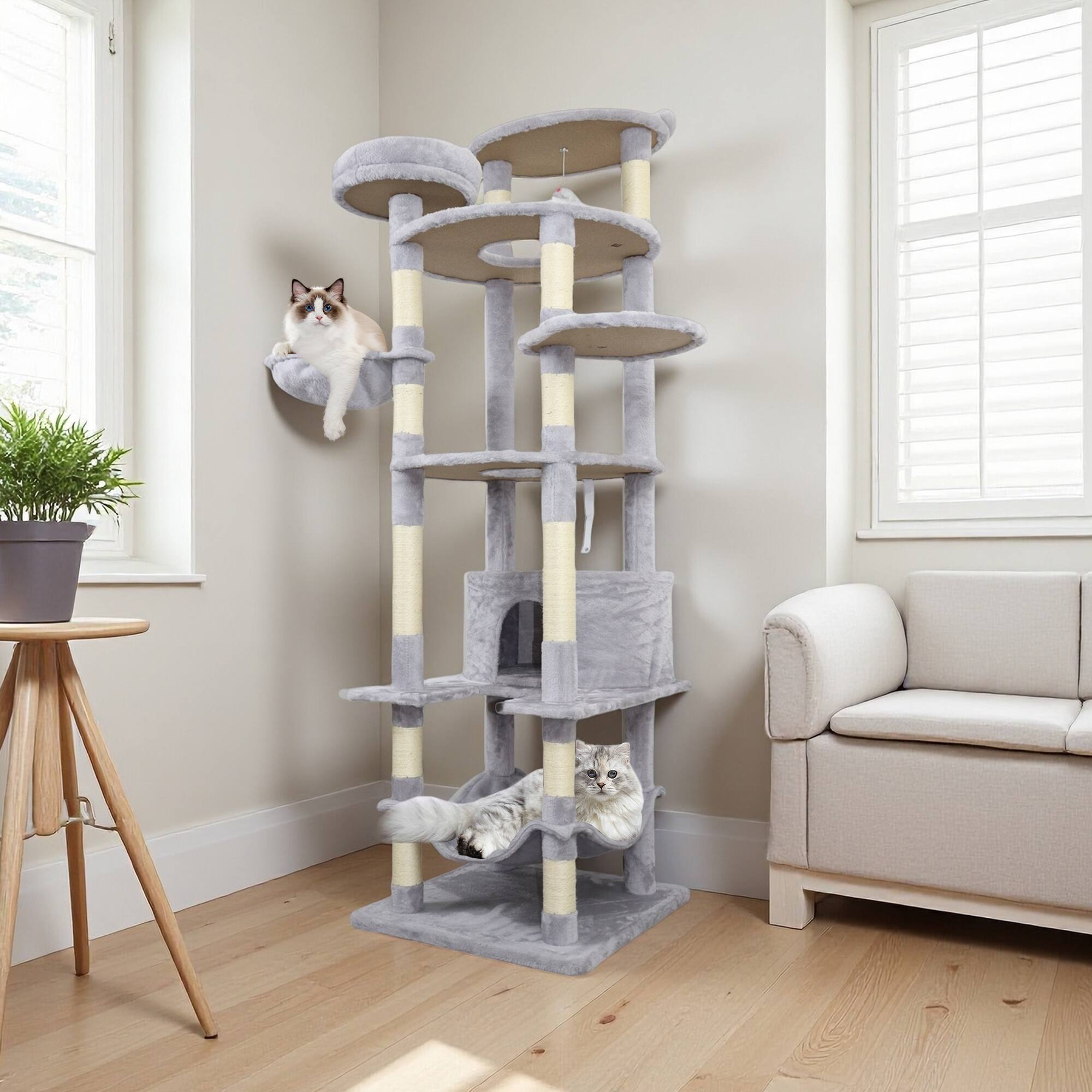 Angle. Dexmalle - Dexmalle-78.8 In Cat Tree Tower with Wide Base 12 Sisal Scratching Post, Big Hammock and Large Top Platform-Light Gray - Light Gray.