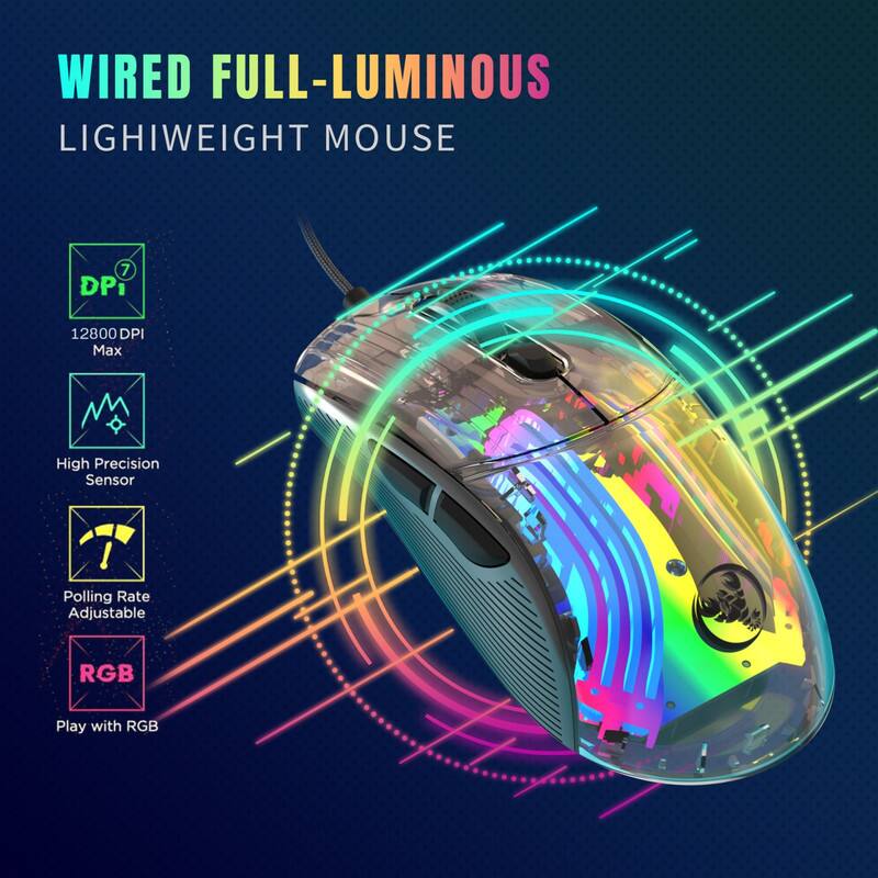 WIRED FULL-LUMINOUS  
LIGHTWEIGHT MOUSE  

- 12800 DPI Max  
- High Precision Sensor  
- Polling Rate Adjustable  
- RGB  
- Play with RGB