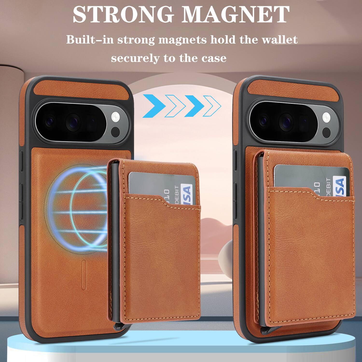 STRONG MAGNET  
Built-in strong magnets hold the wallet securely to the case
