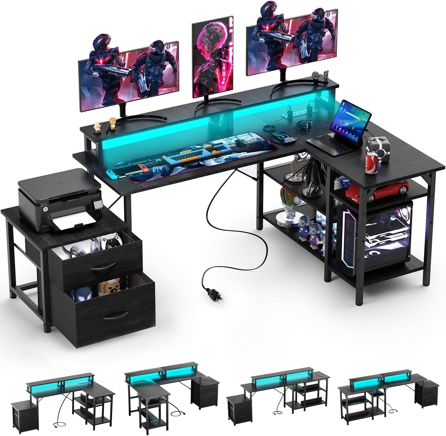GTPlayer - LED Gaming Desk L-Shaped with Power Outlet Computer Desk - Black