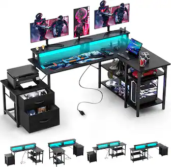 GTPlayer - 70" Wide LED Gaming Desk L-Shaped with Power Outlet Computer Desk - Black