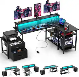 GTPlayer - LED Gaming Desk L-Shaped with Power Outlet Computer Desk - Black