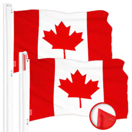 Front. G128 - 2-Pack Canada Flag 1x1.5 FT Embroidered 210D Polyester with Brass Grommets, Indoor/Outdoor - Assorted Colors.