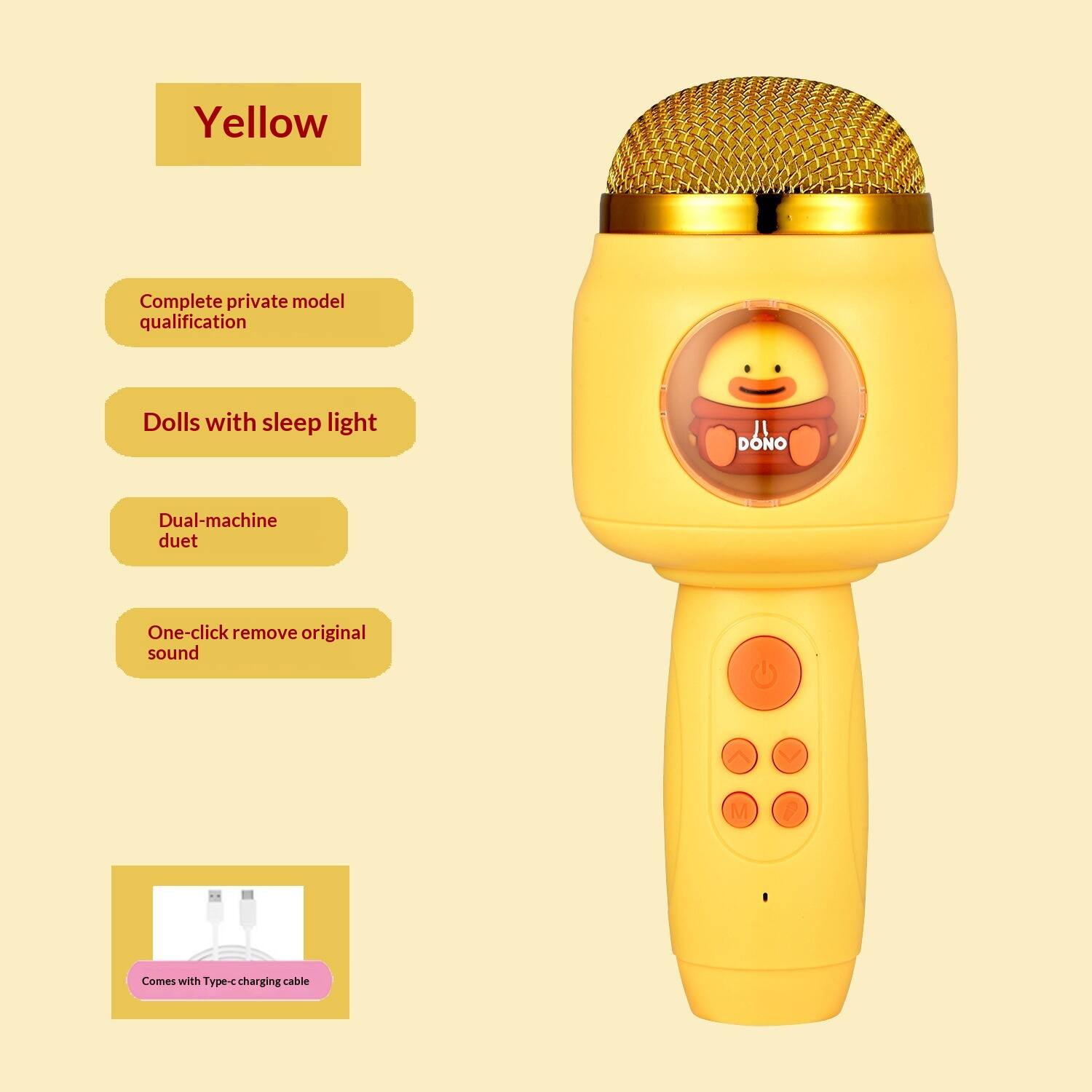 Yellow  
Complete private model qualification  
Dolls with sleep light  
Dual-machine duet  
One-click remove original sound  
Comes with Type-c charging cable