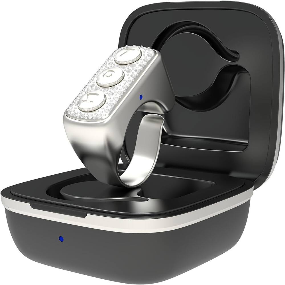 Front. ACJPR - Scrolling Ring Remote for TikTok, Photo Selfie, Glitter Diamonds, Silver.