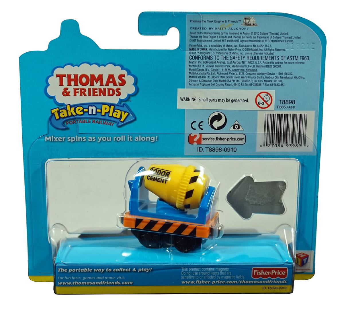 **Thomas & Friends Take-n-Play Portable Railway**

- Mixer spins as you roll it along!

**Created by Britt Allcroft**
- Based on the Railway Series by the Reverend Awdry, © 2010 Gullane (Thomas) Limited
- Thomas the Tank Engine & Friends and Thomas Friends trademarks Gullane (Thomas) Limited
- HIT Entertainment Limited, HIT and the HIT logo trademarks of HIT Entertainment Limited
- Fisher-Price, a subsidiary of Mattel, Inc., East Aurora, NY 14052, USA
- Mattel, Inc., 536 Girard Avenue, East Aurora, NY 14052, USA. Retain this address for future reference
- Mattel UK Ltd., Vanwall Business Park, Maidenhead, SL6 4UB, United Kingdom
- Mattel Europa B.V., G. Bongard 110, 1181 MA Amstelveen, Netherlands
- Mattel Australia Pty Ltd, 1106 South Tower, World Finance Centre, Harbour City, Tsimshatsui, Kowloon, Hong Kong
- Mattel (China) Ltd., 1016, Tower 1
