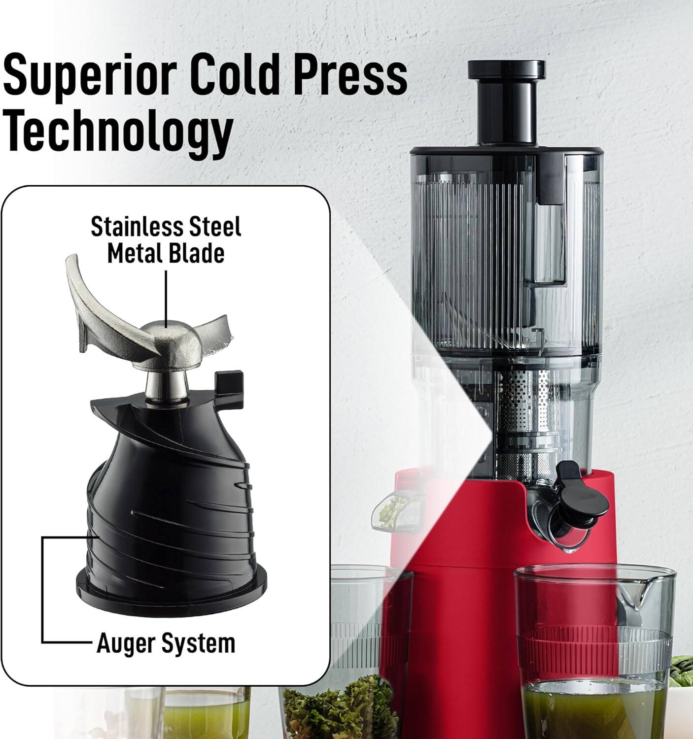Superior Cold Press Technology

- Stainless Steel Metal Blade
- Auger System