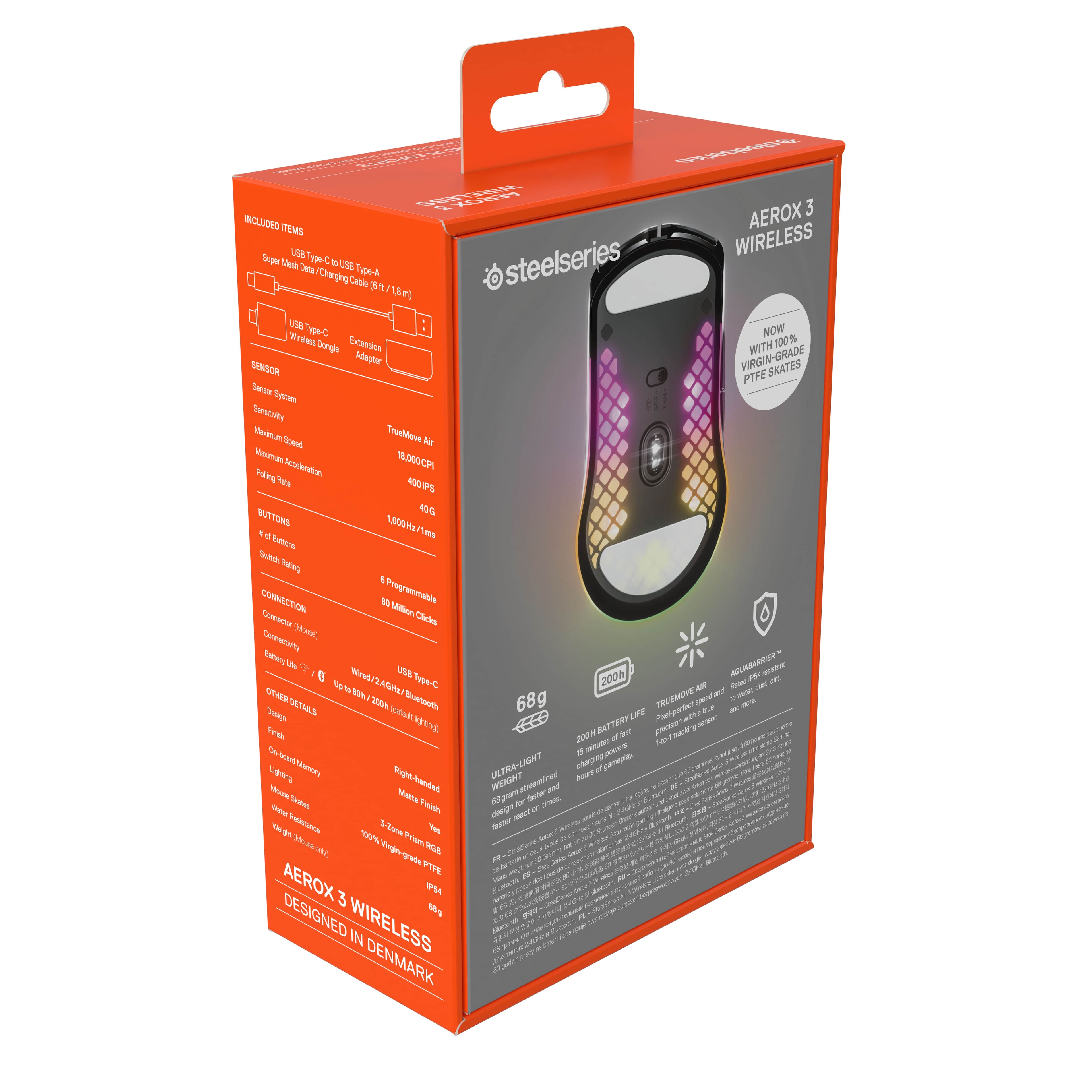 The box contains a wireless mouse and a wired mouse, both made by Steelseries. The wireless mouse is designed for use with a computer and has a sleek design. The box also includes a wired mouse, which can be used as a backup or for those who prefer a wired connection. The box is orange and features the Steelseries logo.