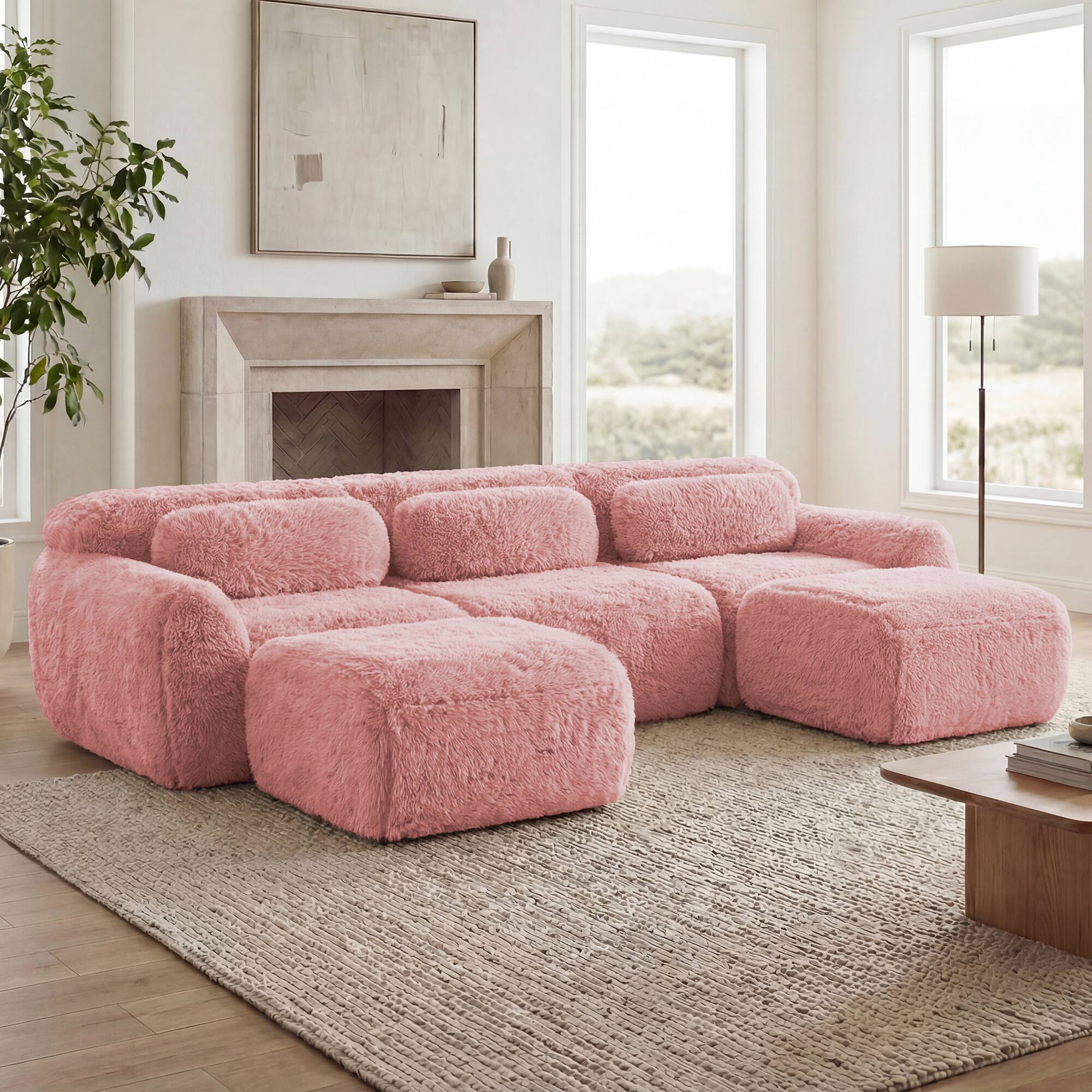 Left. LOVMOR - Plush Modular Couch U Shaped Deep Seat No Assembly Compressed Pack Anti Slip For Bedroom Study Home Theater TV - Pink.