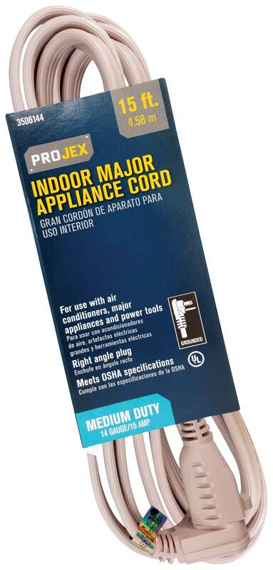 15 ft.
4.58 m
3506144
PROJEX
INDOOR MAJOR APPLIANCE CORD
GRAN CORDÓN DE APARATO PARA USO INTERIOR
For use with air conditioners, major appliances, and power tools
de usar con aires acondicionadores y herramientas eléctricas grandes
Right angle plug
Enchufe en ángulo recto
Meets OSHA specifications
Cumple con las especificaciones de la OSHA
MEDIUM DUTY
14 GAUGE/15 AMP
GROUNDED
UL