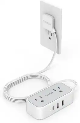 Wikistore - Small Flat Plug Power Strip with 3 USB 2 Outlets 5FT Cord Cruise Ship Approved Mini Charging Station - White