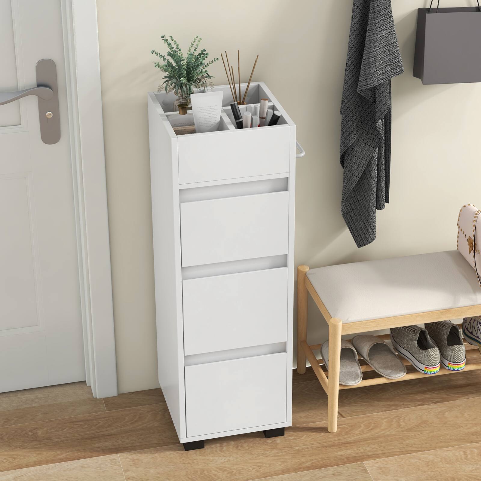 Alt View 7. Ecooso - Freestanding Bathroom Floor Cabinet with 3 Drawers, Dividers, and Towel Rack - White.