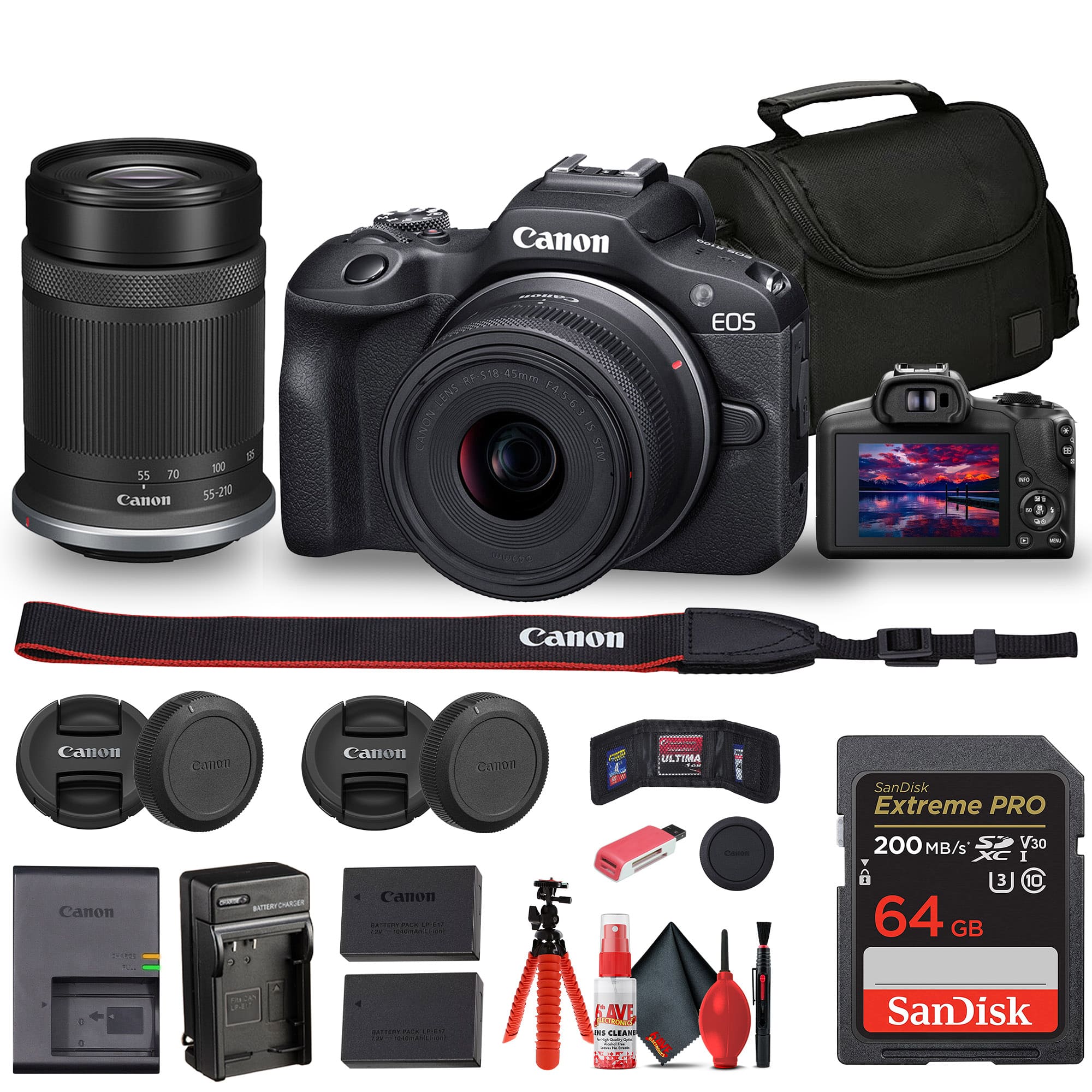 Canon - EOS R100 Mirrorless Camera with 18-45mm and 55-210mm Lenses Kit + Bag + More (International Version)