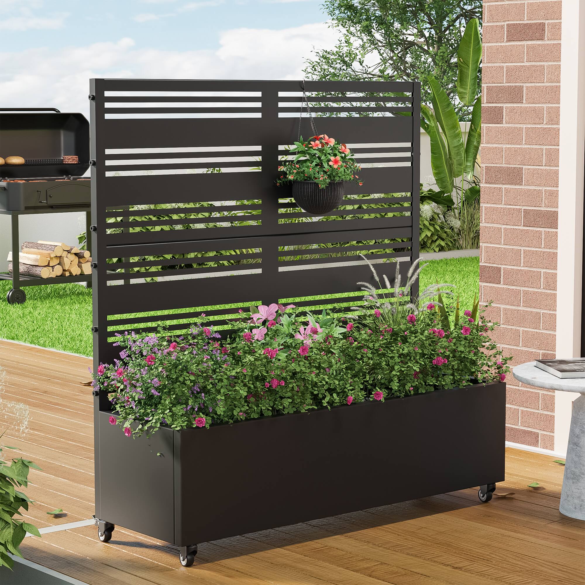 Alt View 1. PexFix - 47 in. H x 47 in. W Harold Pattern Rectangle Metal Planter Box Raised Garden Beds with Trellis-Ideal for Balcony - Black.