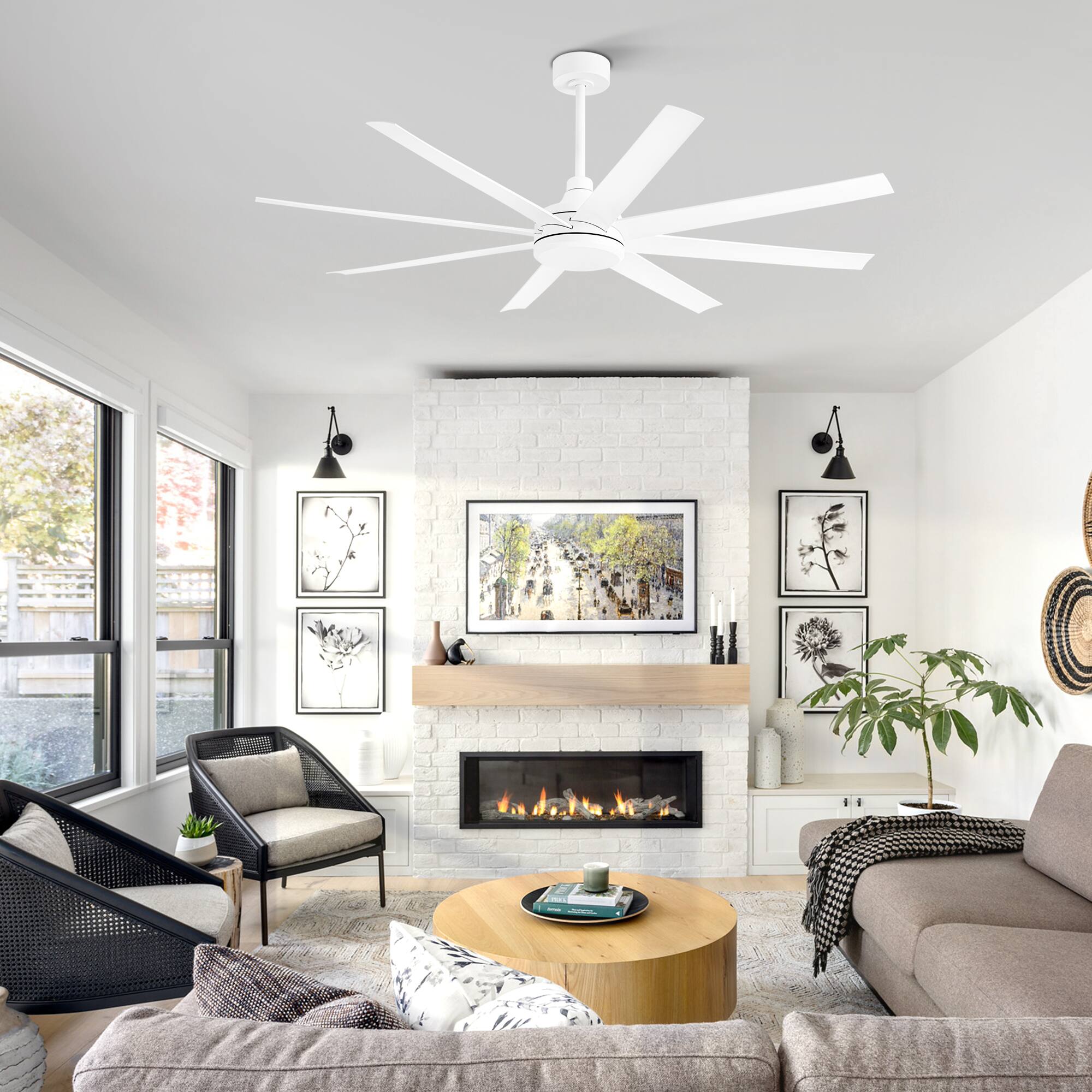 Alt View 1. Breezary - 65-Inch Ceiling Fan with 8 ABS Blades, 6-Speed DC Motor, Remote Control with Timer, 2 Downrods, Light/No-Light Options - Minimalist white(No Light).