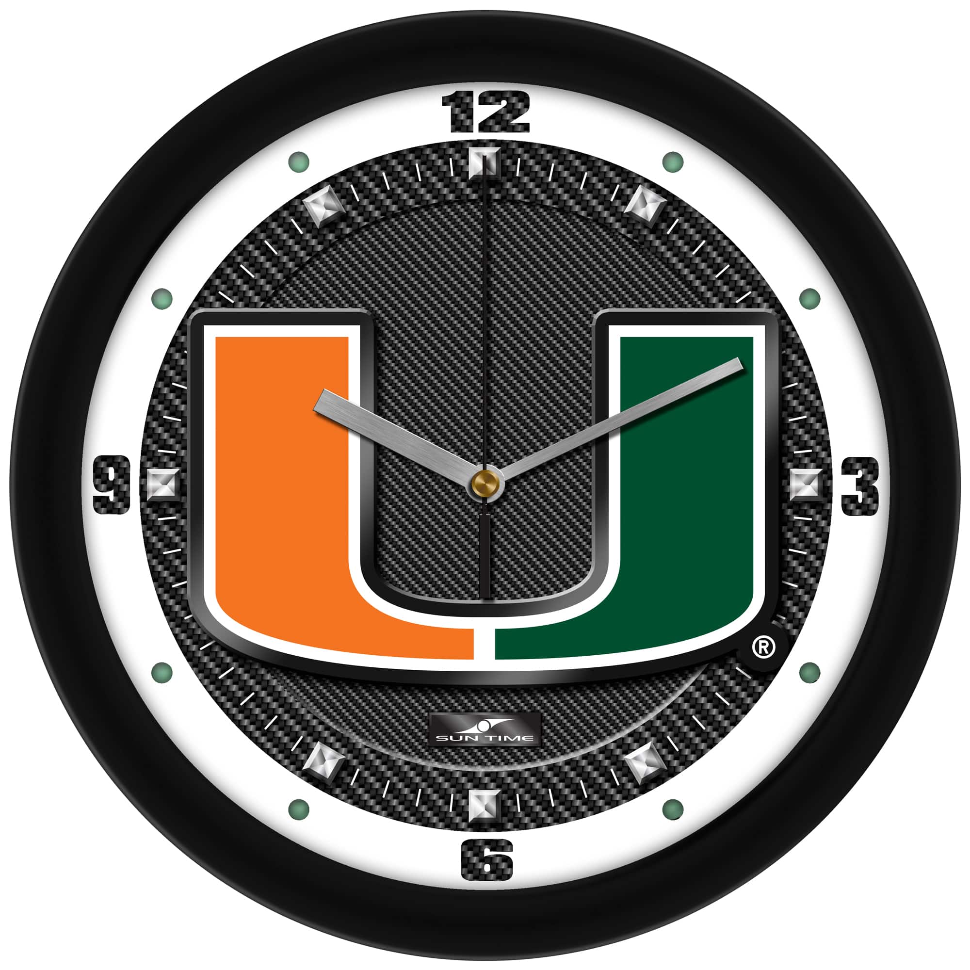 MpDirect - Miami Hurricanes 11.5'' Suntime Premium Glass Face Carbon Fiber Wall Clock - Multicolor