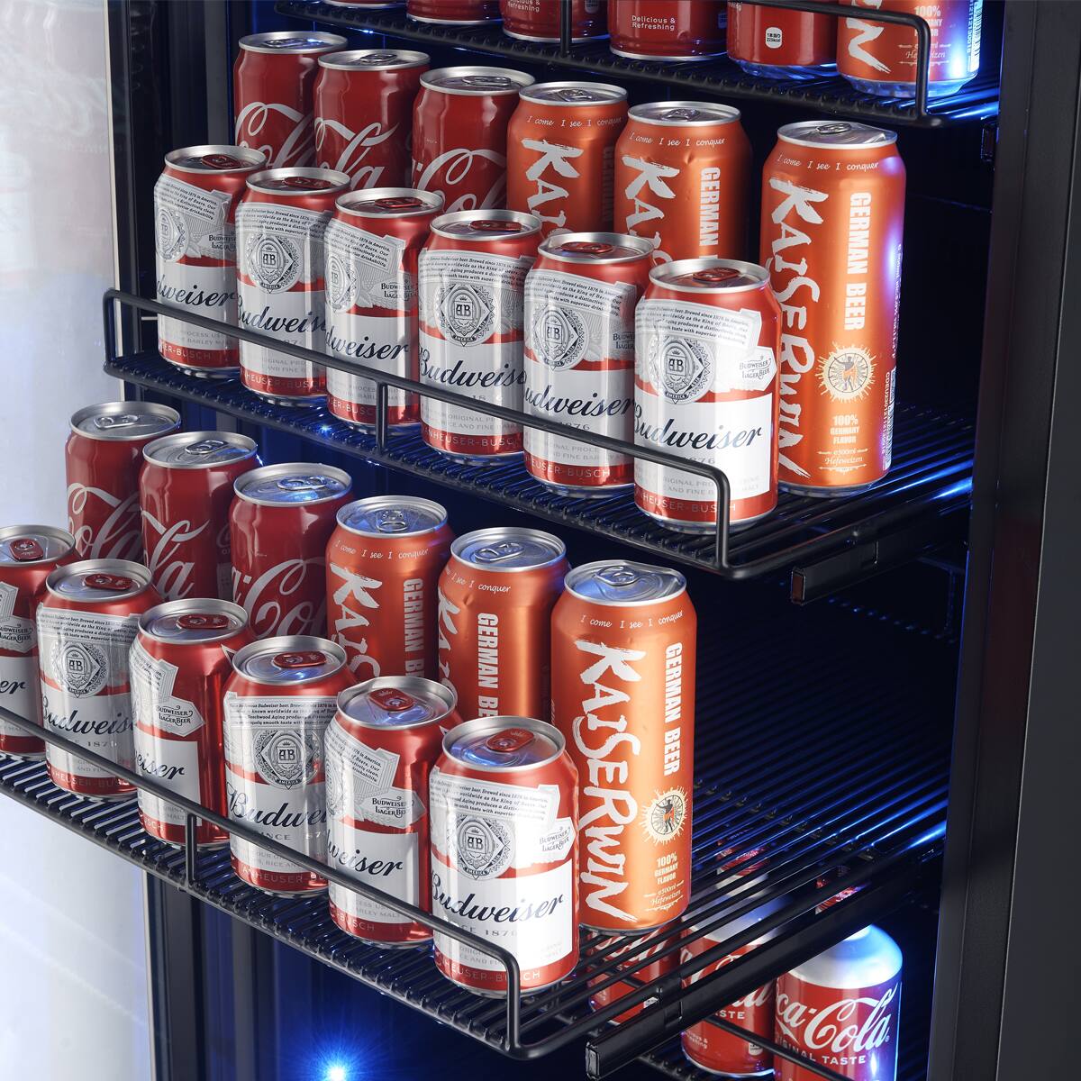 The image shows a refrigerator with a variety of beer cans and bottles, including Budweiser and Kaiser beer. The beer cans are arranged in rows, with some placed on the top shelf and others on the bottom shelf. The bottles are also organized in rows, with some on the top shelf and others on the bottom shelf. The refrigerator is filled with a diverse selection of beer options, making it an ideal place for customers to find their preferred beverage.