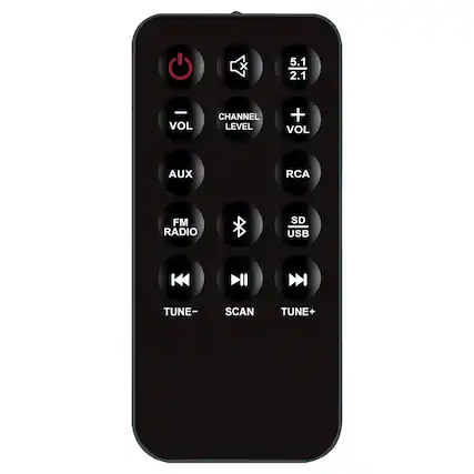 5.1 2.1
CHANNEL LEVEL
VOL - VOL +
AUX RCA
FM RADIO SD USB
TUNE- SCAN TUNE+