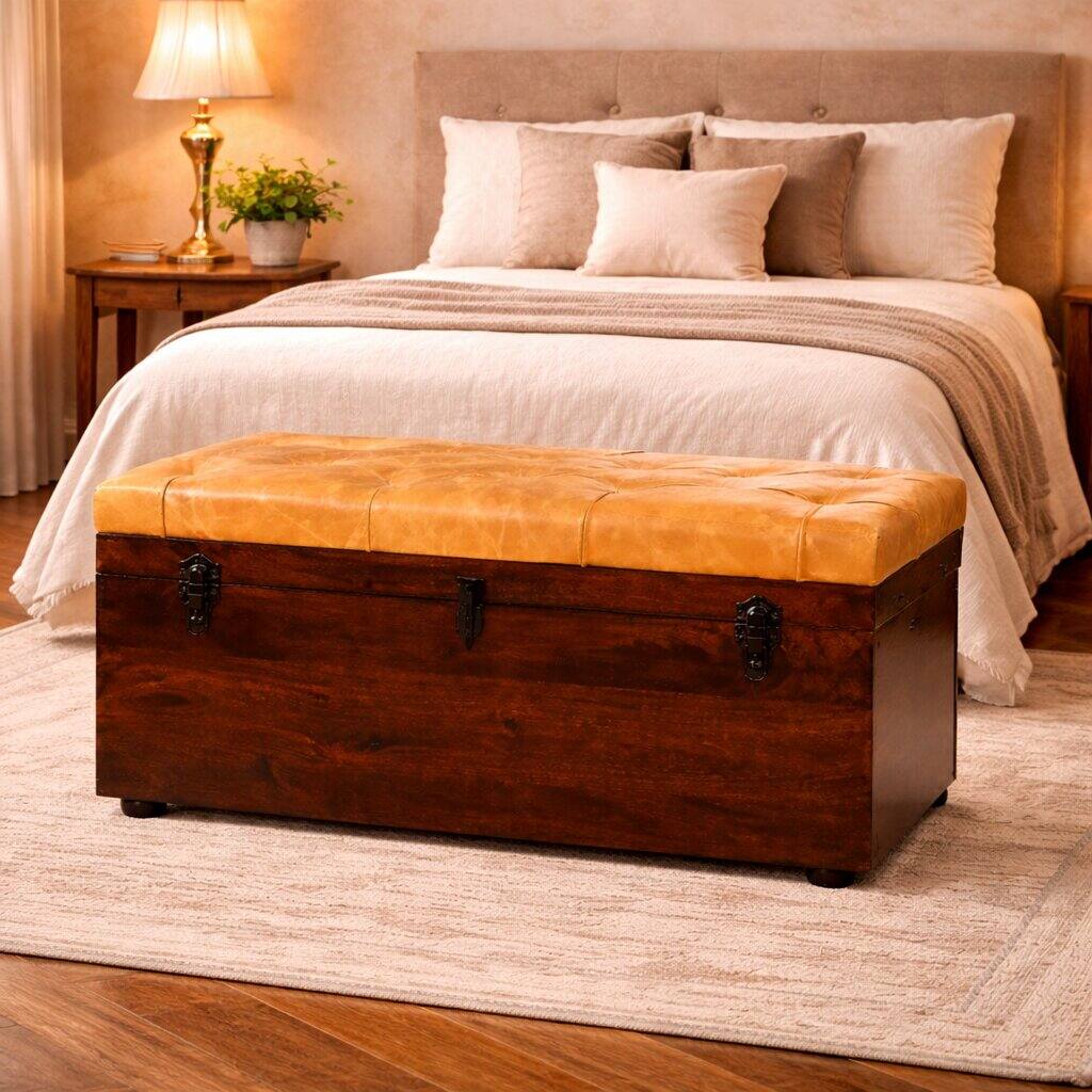 Alt View 6. Artisan Furniture - Artisan Furniture Solid Wood Walnut Storage Trunk Bench with Tan Leather, Orange and Dark Brown - Orange And Brown.