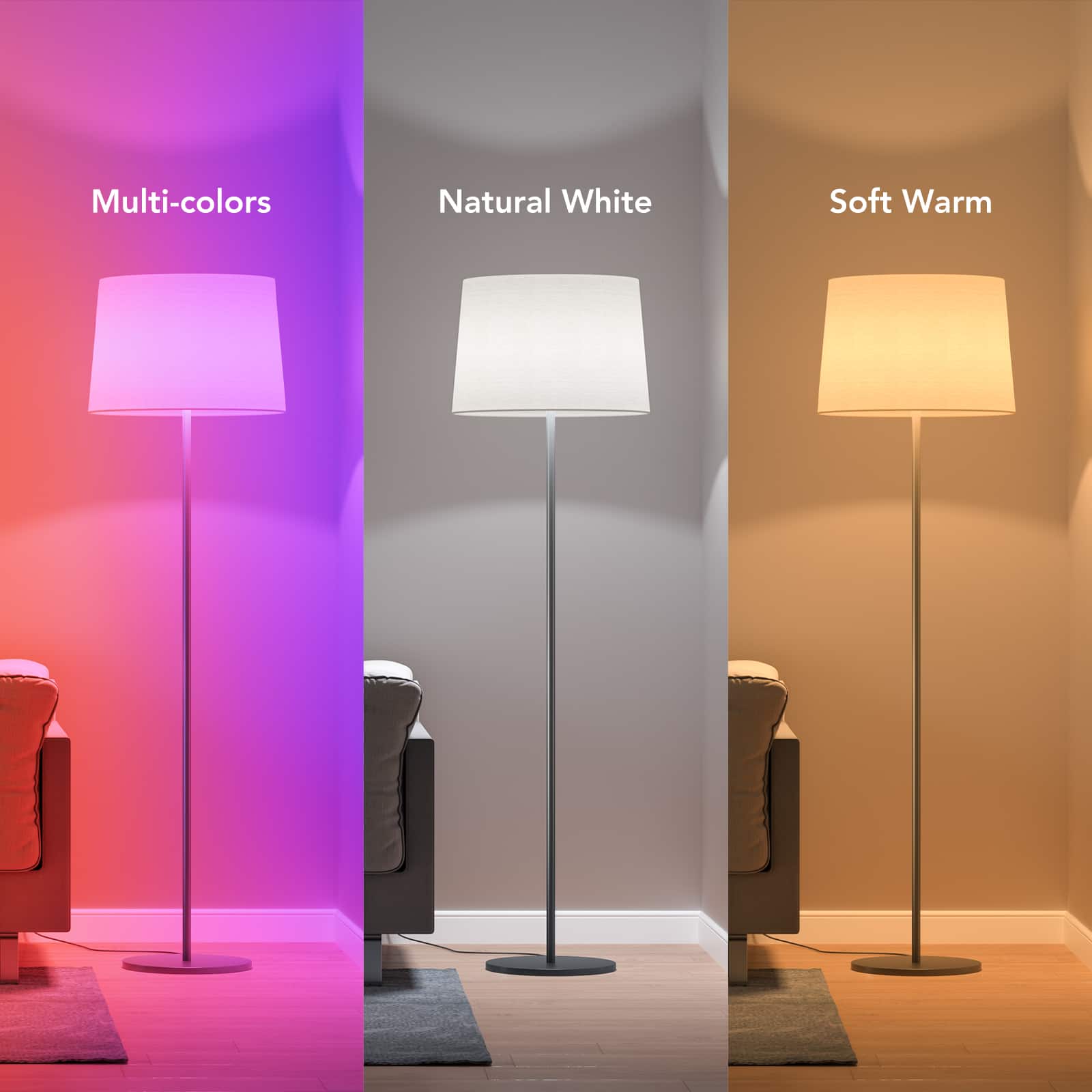 The text on the image reads: Multi-colors, Natural White, Soft Warm.