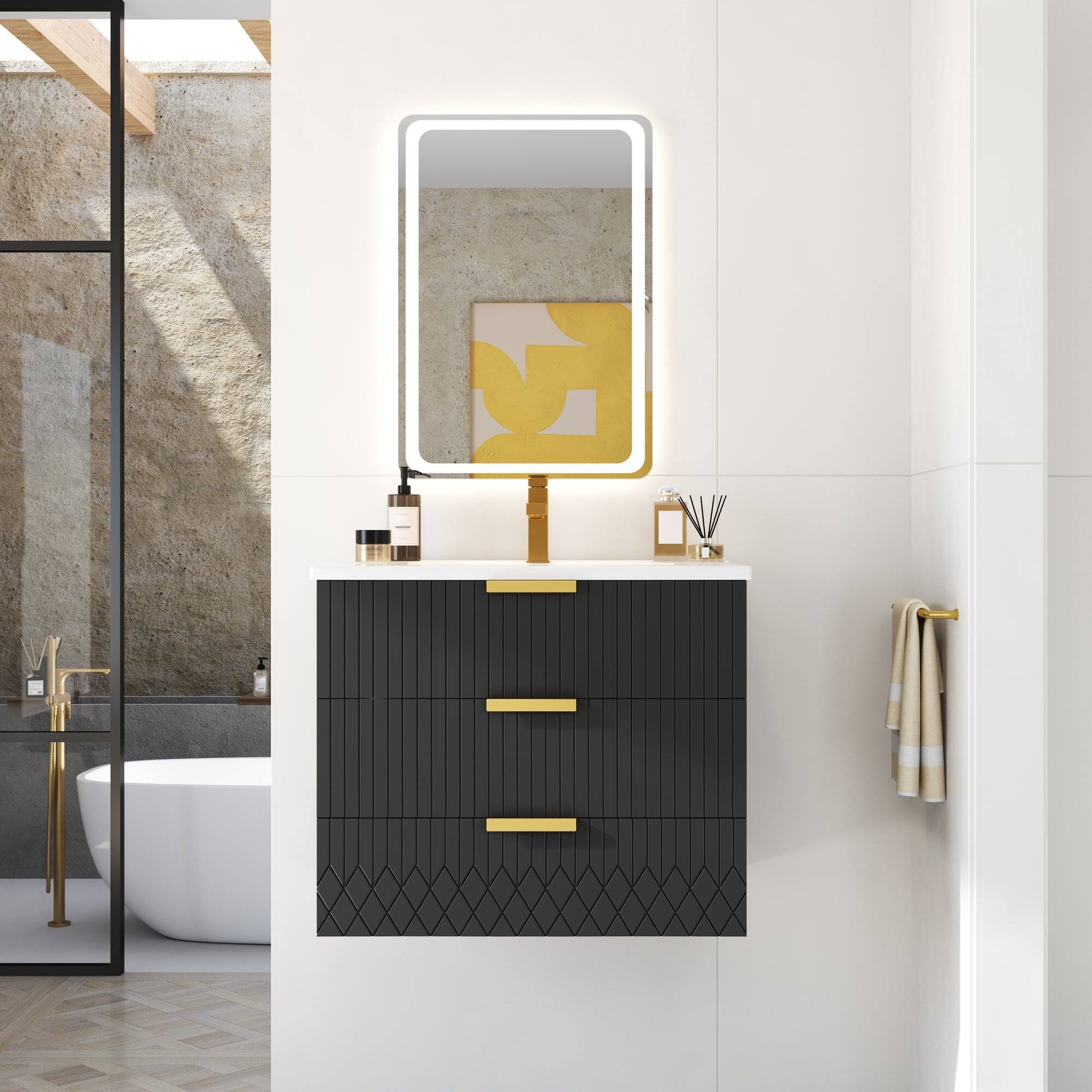 Alt View 4. Boyel Living - 24 Inch Wall Mounted Bathroom Vanity with Ceramic Sink and Double Drawers Black - Black.