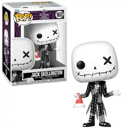 Sure, here is the corrected and grouped text from the image:
---
**Front of the Box:**
- **Top Left:** Funko
- **Top Center:** POP!
- **Top Right:** 1633
- **Center:** The Nightmare Before Christmas
- **Below Center:** Jack Skellington
- **Bottom:** Vinyl Figure / Figurine en Vinyle / Figura de Vinilo / Figura de Vinil
**Side of the Box:**
- **Left Side:** WARNING: CHOKING HAZARD - Small parts. Not for children under 3 years.
- **Center:** ATTENTION: DANGER - Petite pièce. Risque d'étouffement. Ne convient pas aux enfants de moins de 3 ans.
- **Right Side:** ADVERTENCIA: PEQUEÑO OBJETO - RIESGO DE ASFIXIA. NO APTO PARA NIÑOS MENORES DE 3 AÑOS.
**Bottom of the Box:**
- **Left:** WARNING: CHOKING HAZARD - Small parts. Not for children under 3 years.
- **Center:** ATTENTION: DANGER - Petite pièce. Risque d'étouffement. Ne convient