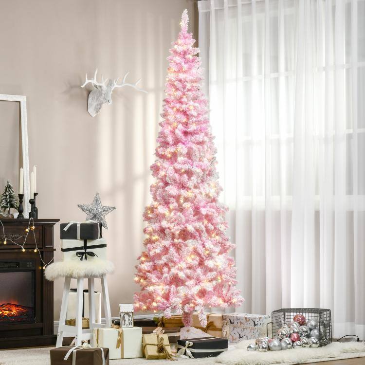 Alt View 2. PULUZ - 7.5ft Prelit Snow Flocked Artificial Christmas Tree with Pencil Shape, Pine Realistic Branches, Warm White LED lights, A - Pink and White.