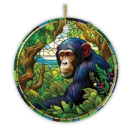 OrnamentallyYou - A Primate Safari Chimpanzee Stained Glass Style Ceramic Ornament African Animals Christmas Gift - Multi-colored