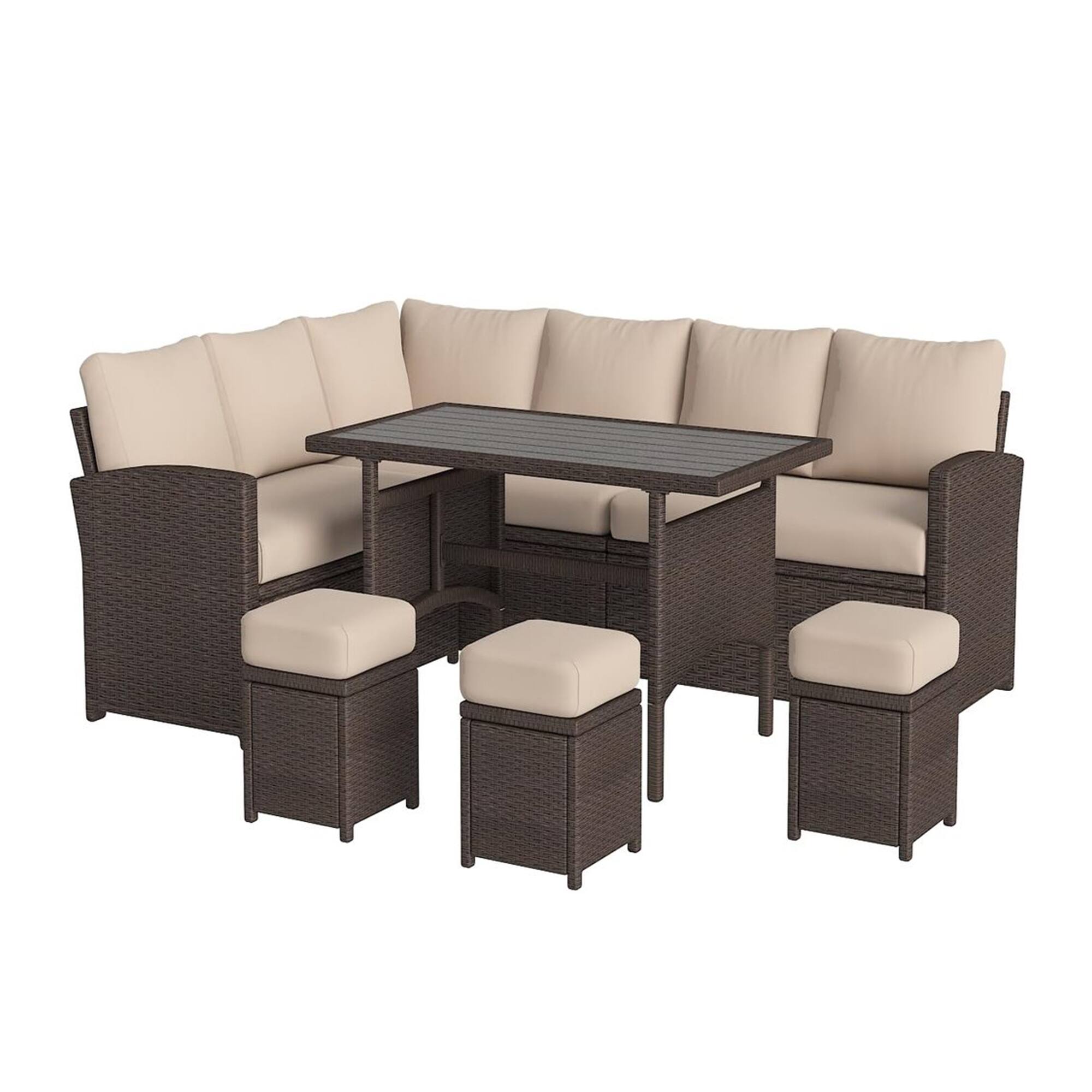 Back. Mondawe - 7-Piece Dining Set with Fireproof Plastic Wood Frame and Cushions - Brown+Beige.
