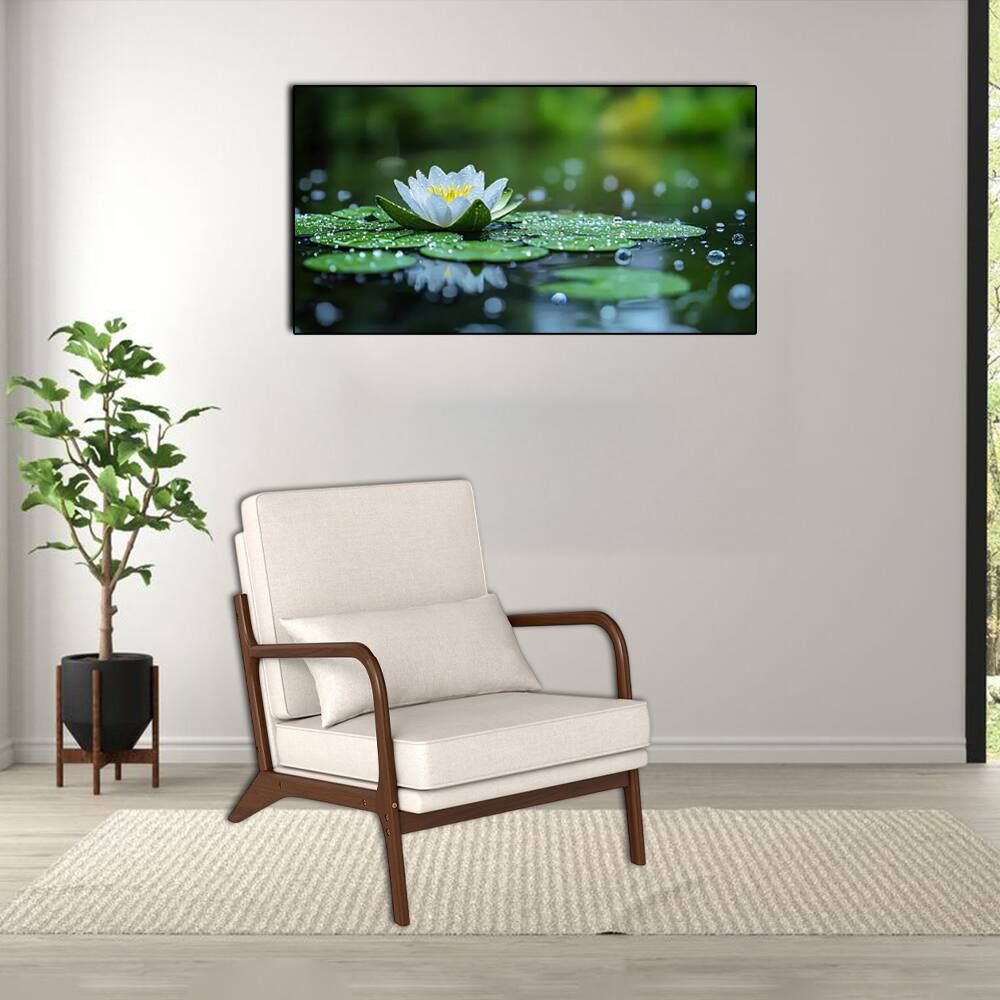 Front. Hivvago - Contemporary Upholstered Armchair with Wooden Armrests and Back Cushion - Beige.