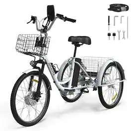 Syedee - Tricycle for Adults, Black Electric Trike Motorized Three Wheel Electric Bicycle, 350W 48V Adult Electric Tricycle with - White