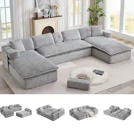 Anysun - 149" Oversized U-Shaped Sectional Sofa – Deep Seat, Side Pocket, Movable Armrests, Corduroy – No Assembly Required - Gray