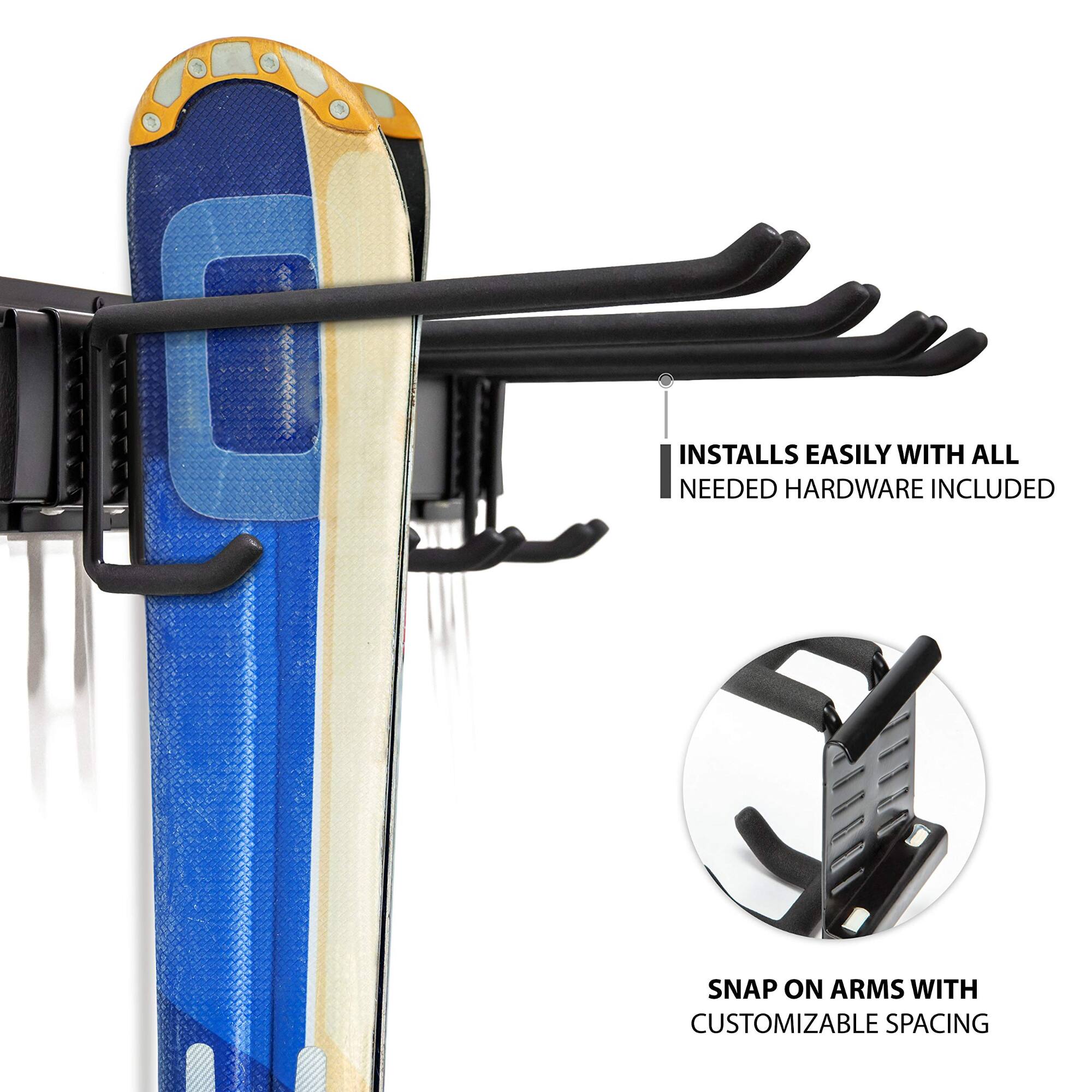 Installs easily with all needed hardware included. Snap on arms with customizable spacing.