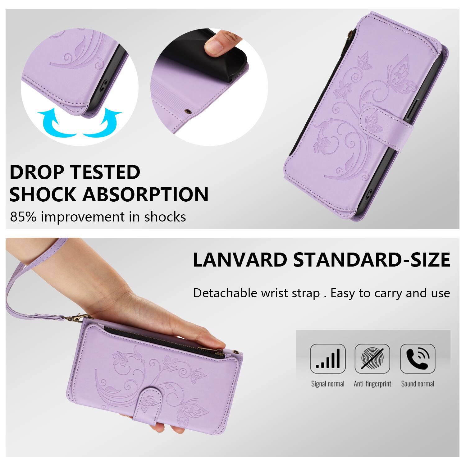 DROP TESTED SHOCK ABSORPTION  
85% improvement in shocks  

LANVARD STANDARD-SIZE  
Detachable wrist strap . Easy to carry and use  

Signal normal  
Anti-fingerprint  
Sound normal
