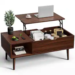 Bestier - Wooden Lift Top Coffee Table with Hidden Compartments and Adjustable Storage Shelves - Brown