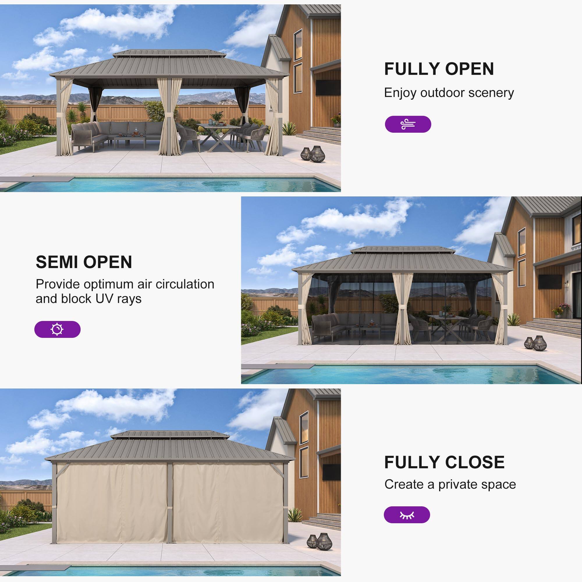 - FULLY OPEN
  - Enjoy outdoor scenery

- SEMI OPEN
  - Provide optimum air circulation and block UV rays

- FULLY CLOSE
  - Create a private space