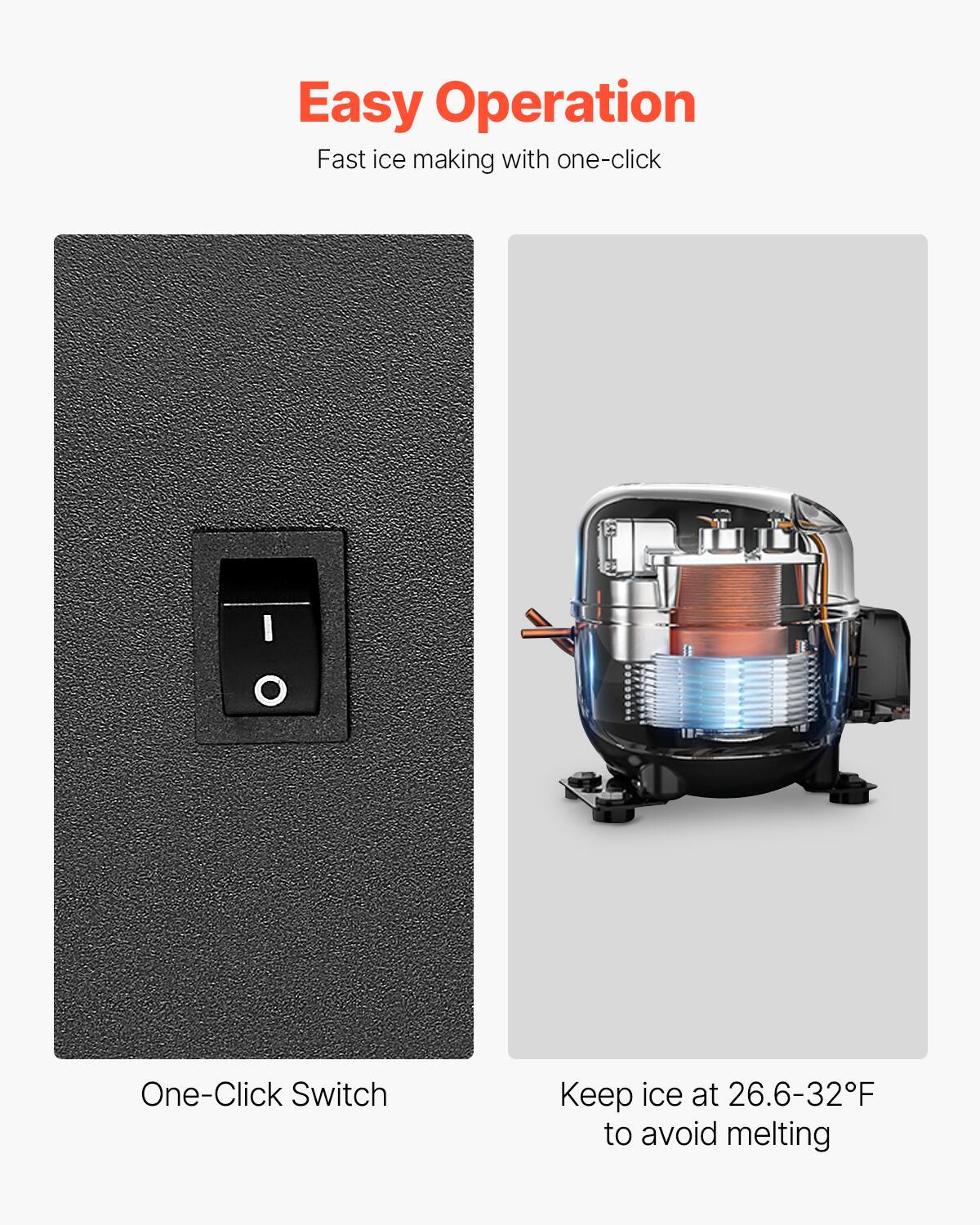 Easy Operation  
Fast ice making with one-click  

One-Click Switch  

Keep ice at 26.6-32°F to avoid melting