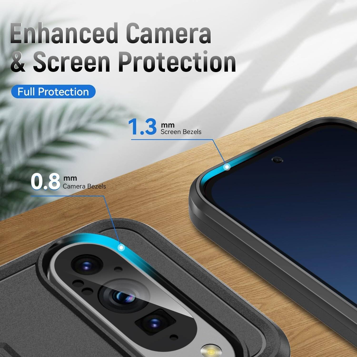 Enhanced Camera & Screen Protection Full Protection 1.3 mm Screen Bezels 0.8 mm Camera Bezels