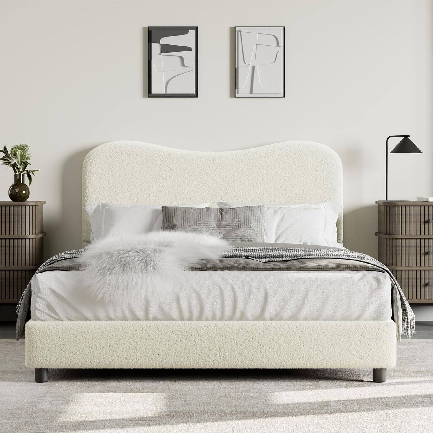 Left. Qeetex - Full Size Platform Bed Frame, Metal Frame, Sherpa Upholstered, No Box Spring, Beige/White - Beige White Full.
