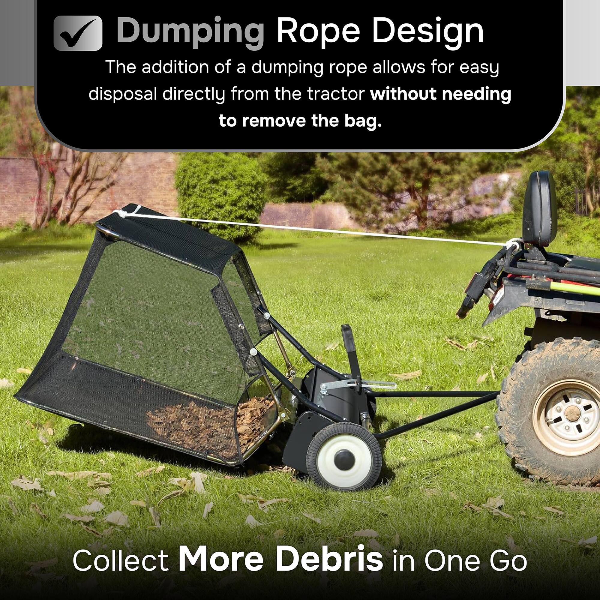 Dumping Rope Design  
The addition of a dumping rope allows for easy disposal directly from the tractor without needing to remove the bag.  
Collect More Debris in One Go