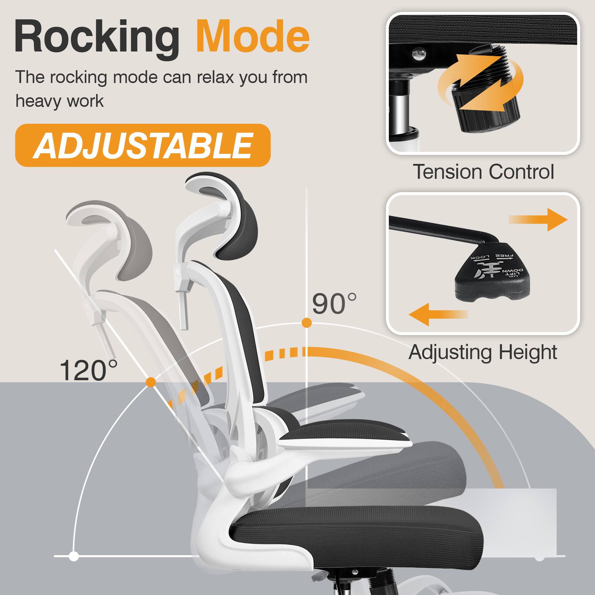 Rocking Mode  
The rocking mode can relax you from heavy work  

ADJUSTABLE  

Tension Control  

Adjusting Height  

90°  

120°