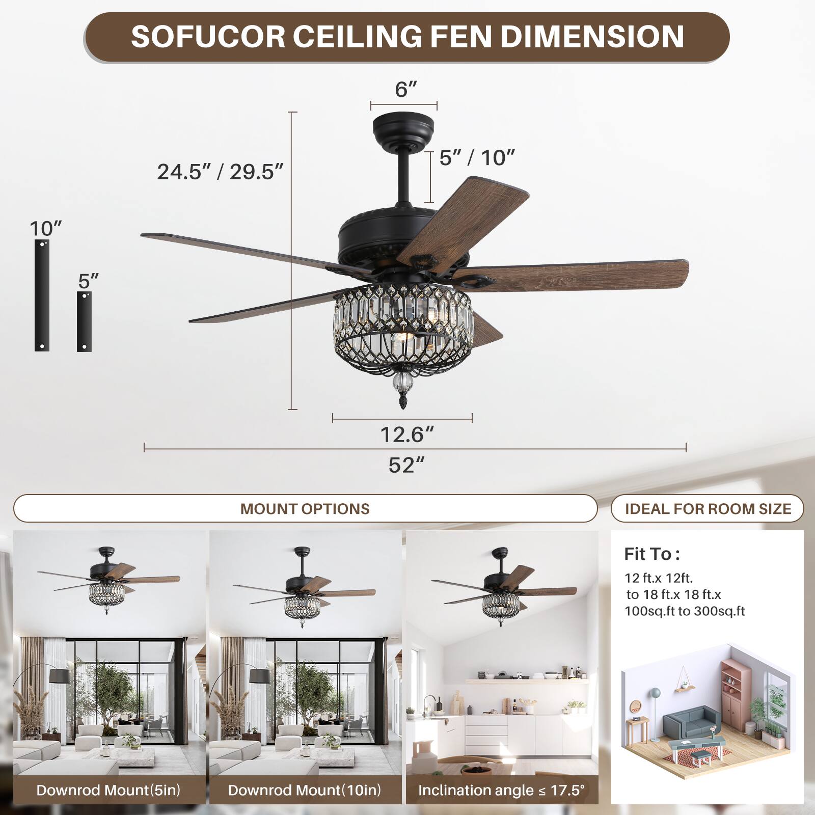SOFUCOR CEILING FAN DIMENSION

- 24.5" / 29.5"
- 10"
- 5"
- 12.6"
- 52"
- 6"
- 5" / 10"

MOUNT OPTIONS

- Downrod Mount (5in)
- Downrod Mount (10in)
- Inclination angle ≤ 17.5°

IDEAL FOR ROOM SIZE

Fit To:
12 ft. x 12 ft. to 18 ft. x 18 ft.
100 sq.ft. to 300 sq.ft.