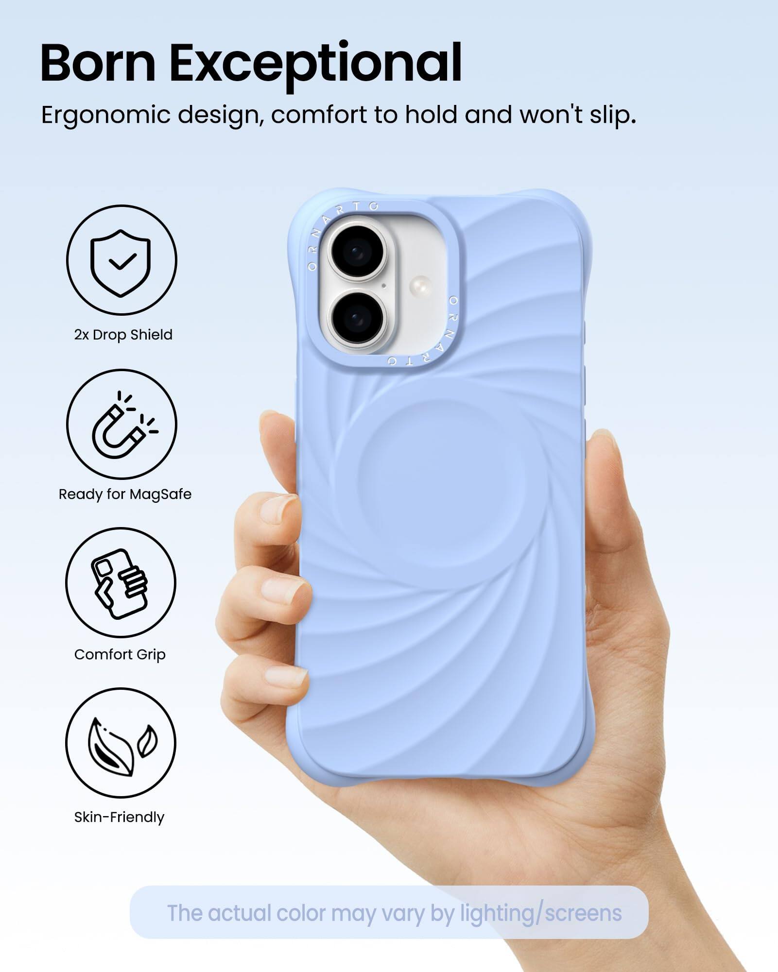 Born Exceptional  
Ergonomic design, comfort to hold and won't slip.  

- 2x Drop Shield  
- Ready for MagSafe  
- Comfort Grip  
- Skin-Friendly  

The actual color may vary by lighting/screens