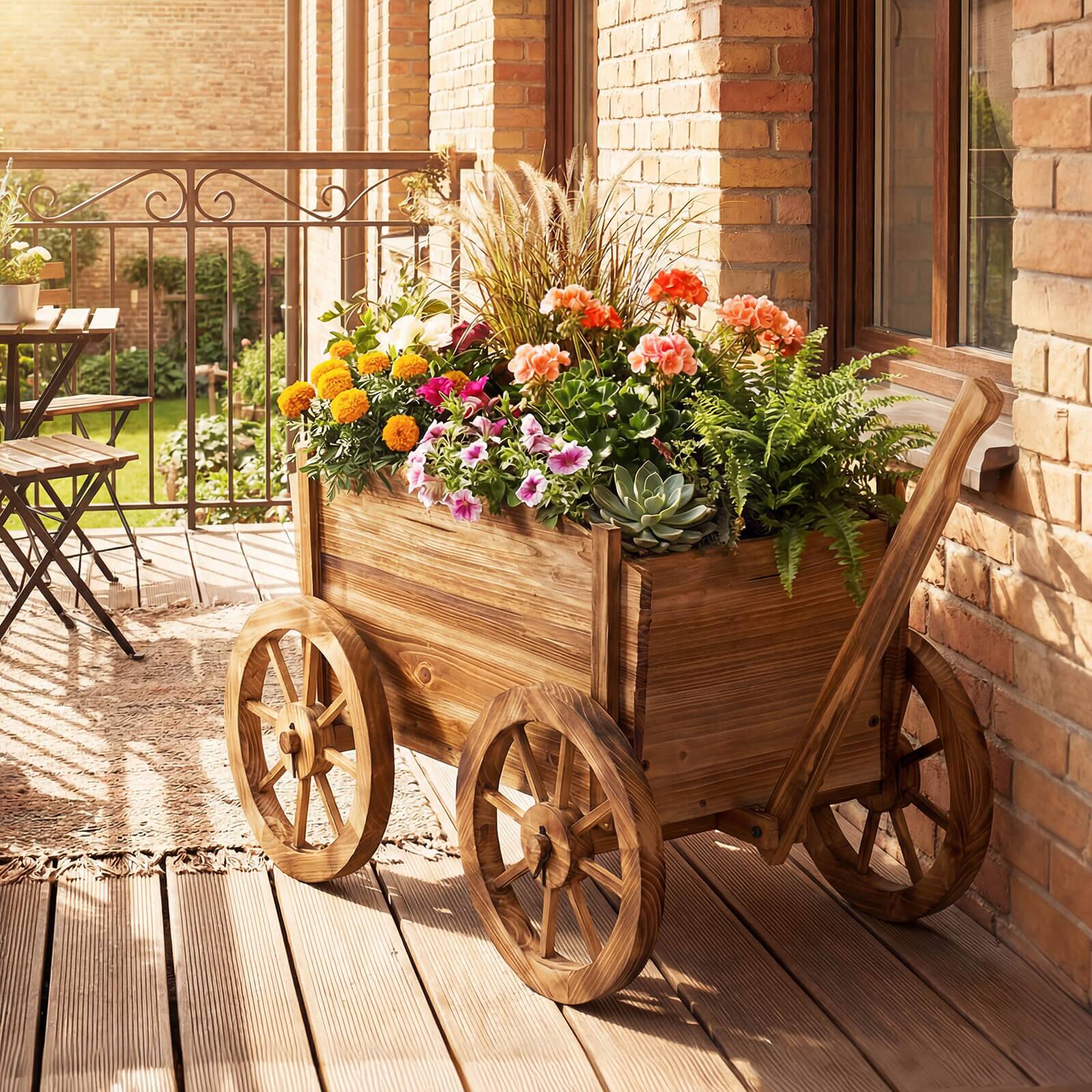 Alt View 4. Costway - Costway 1 PCS Rustic Wood Wagon Planter with Wheels,Handle&Drainage Hole for Patio Balcony Garden - Natural.