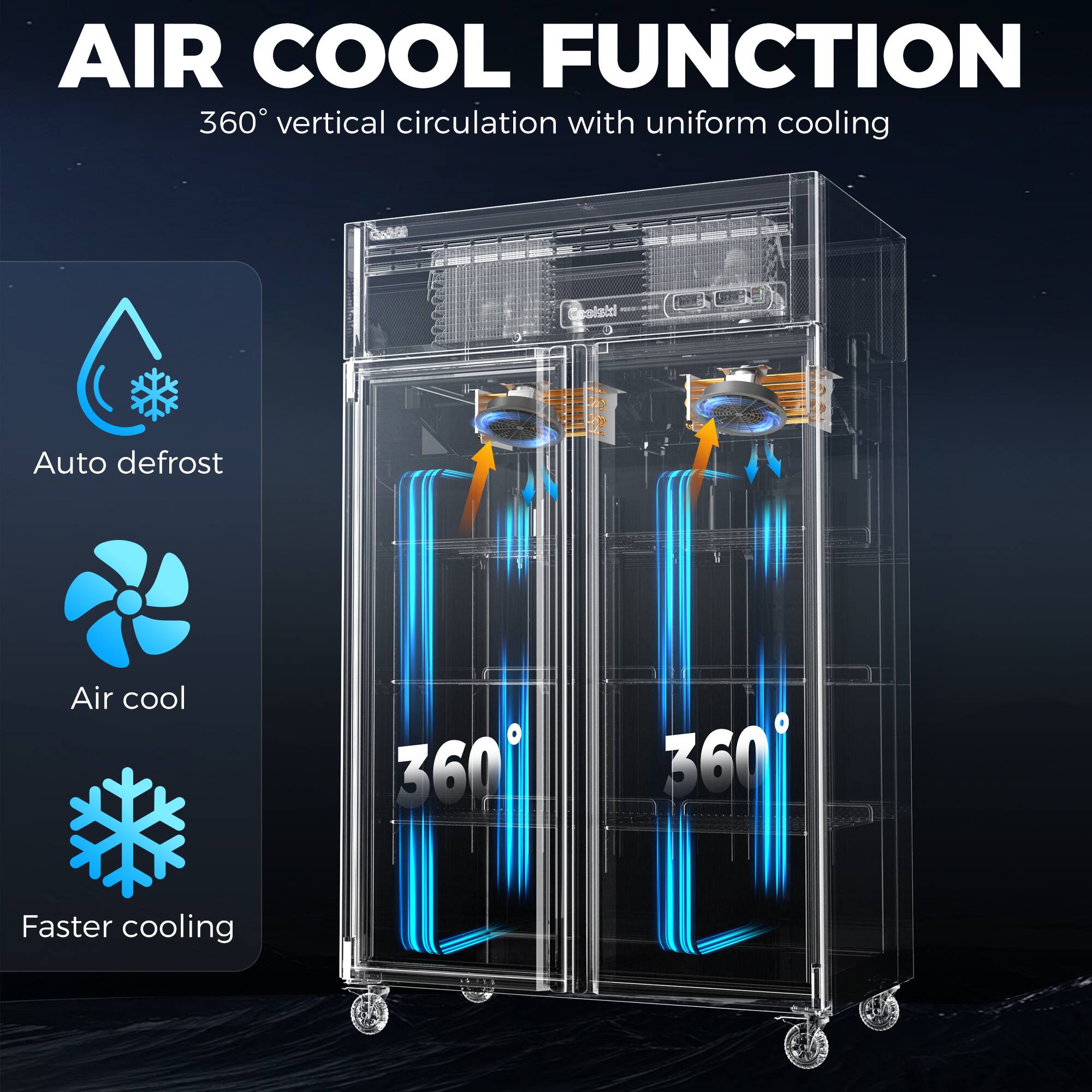 AIR COOL FUNCTION  
360° vertical circulation with uniform cooling  

- Auto defrost  
- Air cool  
- Faster cooling