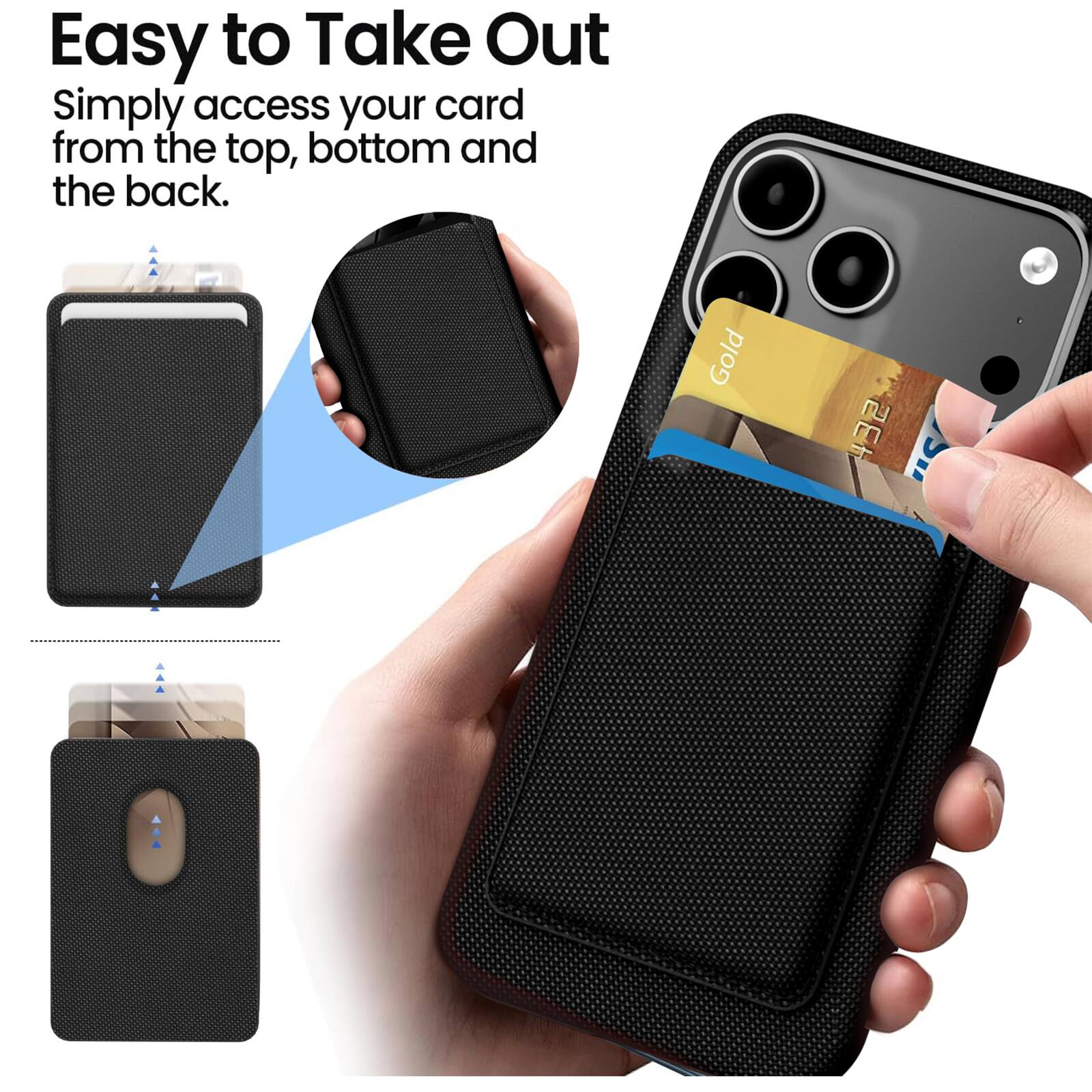 Easy to Take Out  
Simply access your card from the top, bottom and the back.