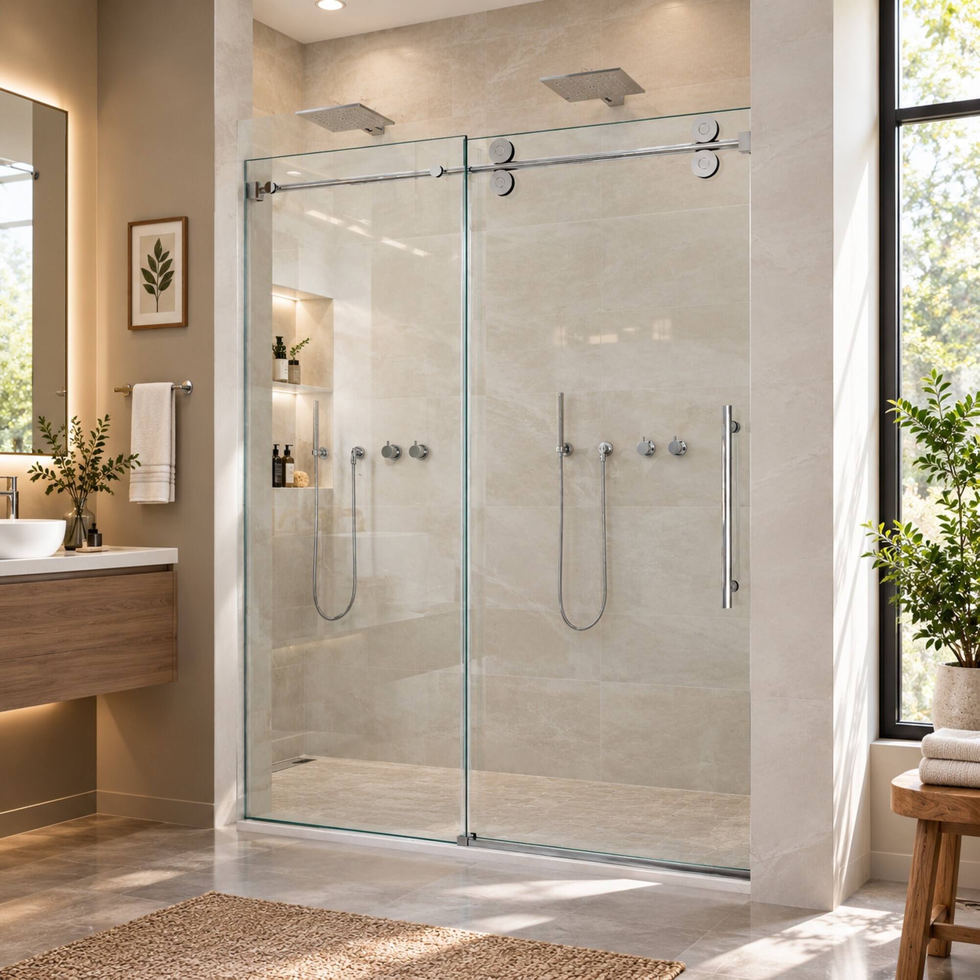 Alt View 5. RYHNUYNE - 44-48 In W X 76 In H Frameless Single Sliding Shower Door, 5/16 In Clear Tempered Glass Chrome Finish - Chrome.